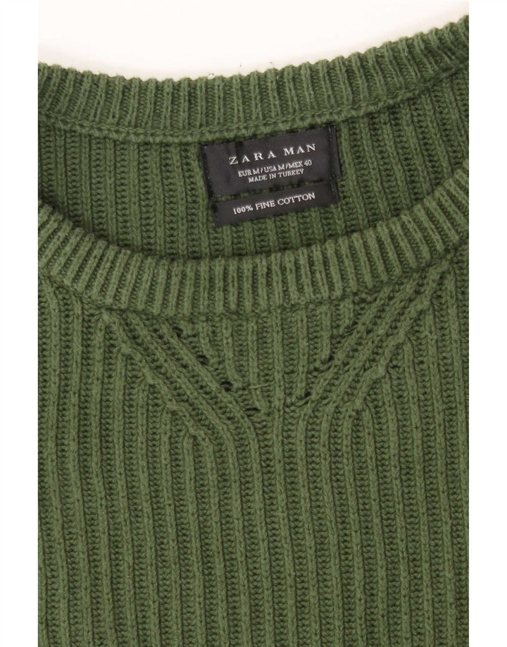 Pulover pentru bărbați Zara, cu gât crew, bumbac verde mediu