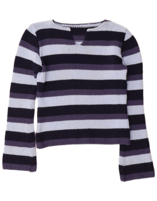 Pulover vintage pentru femei cu decolteu în V UK 12 Medium, multicolore, cu dungi