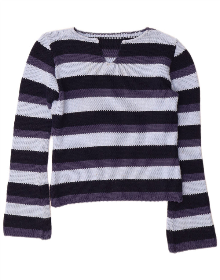 Pulover vintage pentru femei cu decolteu în V UK 12 Medium, multicolore, cu dungi