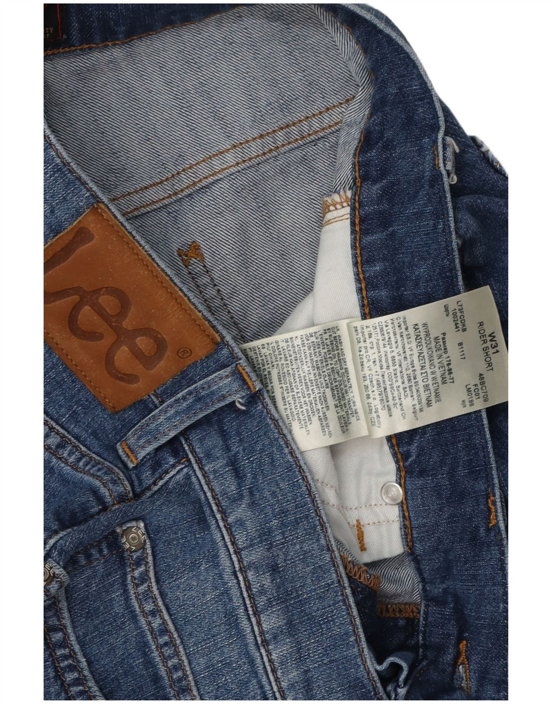 Pantaloni scurți din denim învechit pentru femei Lee Rider W31, bumbac albastru mediu