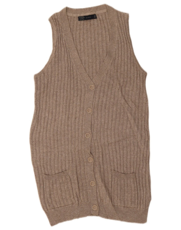 Pulover cardigan fără mâneci pentru femei Zara UK 14 bumbac mediu bej