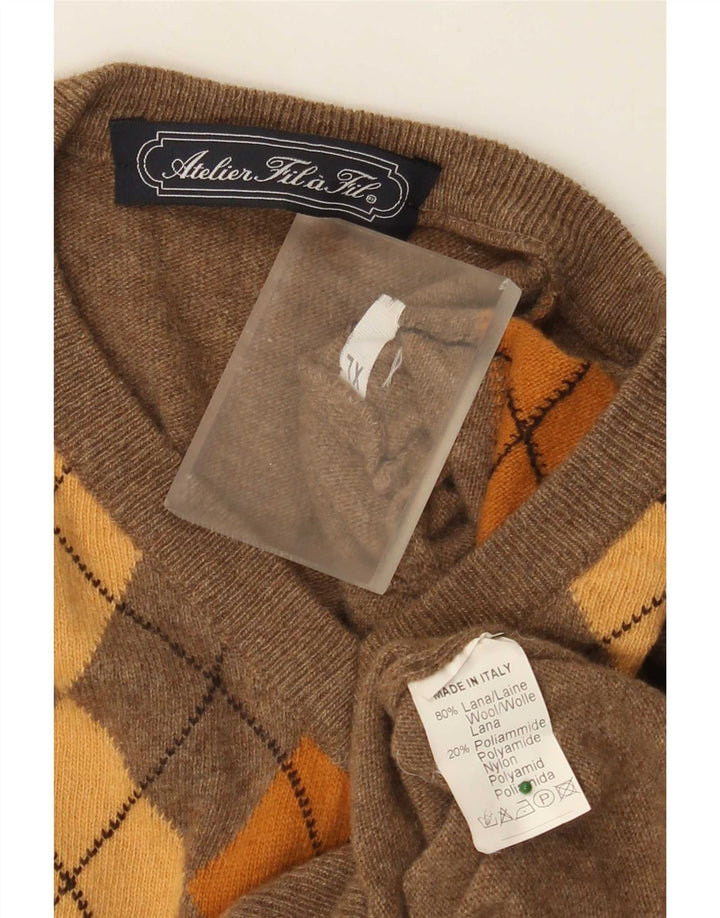 Pulover vintage pentru bărbați cu decolteu în V XL maro din lână Argyle/Diamond