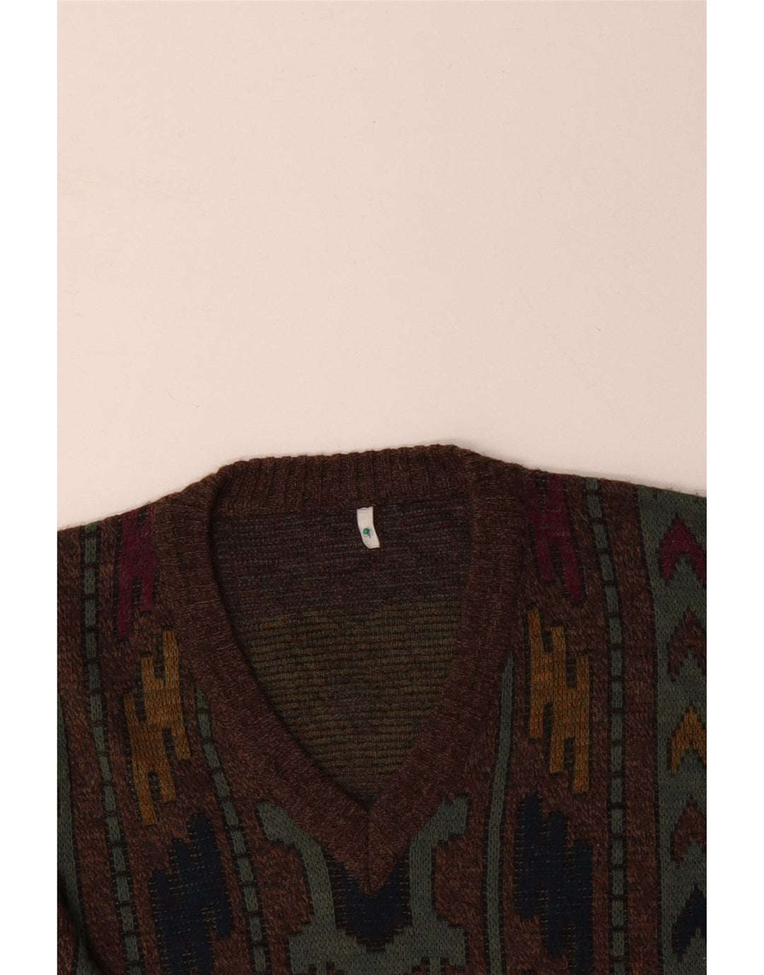 VINTAGE Pulover cu decolteu în V pentru bărbați IT 50 Maro Mediu Geometric