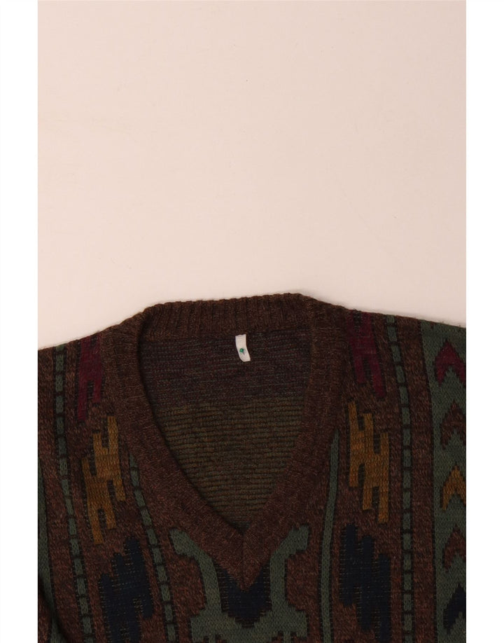 VINTAGE Pulover cu decolteu în V pentru bărbați IT 50 Maro Mediu Geometric