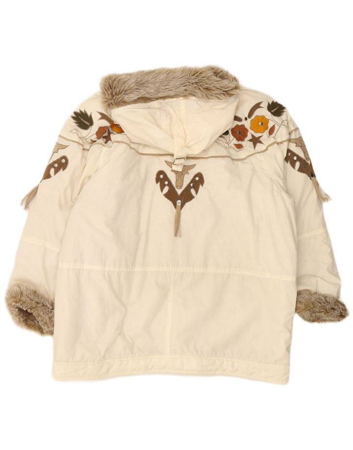 NO PROBLEM Womens Hooded Duffle Coat UK 20 2XL Off White Floral Polyester