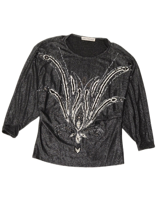 Bluză cu mânecă lungă pentru femei VINTAGE Top IT 42 Medium Black Floral Viscose