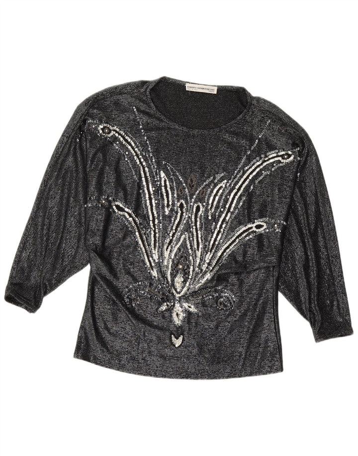 Bluză cu mânecă lungă pentru femei VINTAGE Top IT 42 Medium Black Floral Viscose