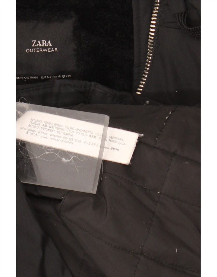 ZARA Jachetă Sherpa Windbreaker cu glugă pentru femei UK 14 Poliester mediu negru