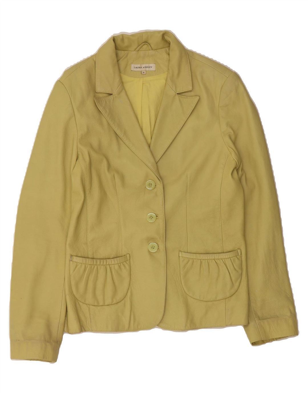 LAURA ASHLEY Womens 3 Button Blazer Jacket UK 14 Medium Yellow Leather Vintage Laura Ashley and Second-Hand Laura Ashley from Messina Hembry 