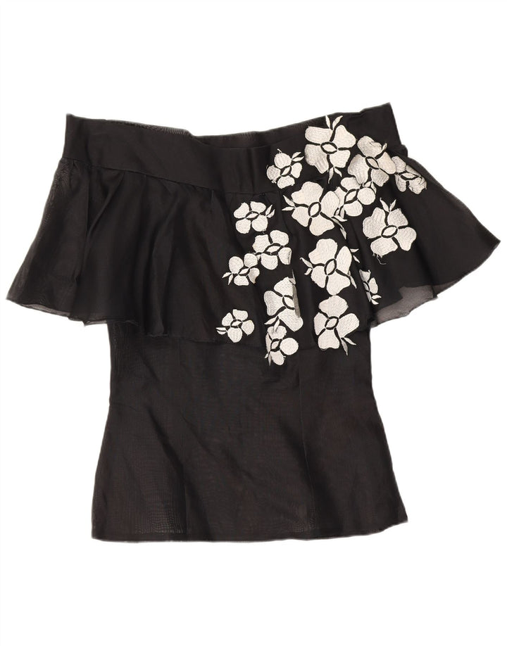 Top de damă vintage cu umăr deschis UK 10 mic, negru, floral