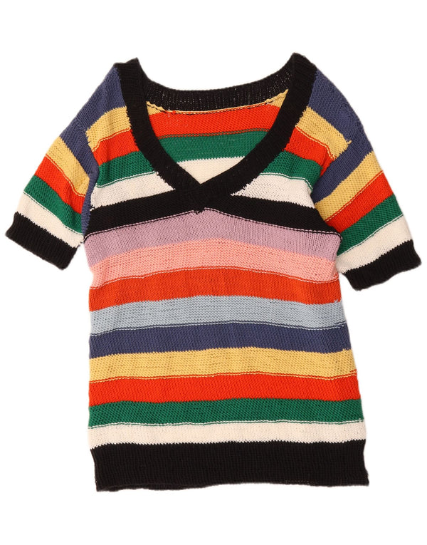 Pulover vintage pentru femei cu decolteu în V UK 20 2XL, cu dungi multicolore
