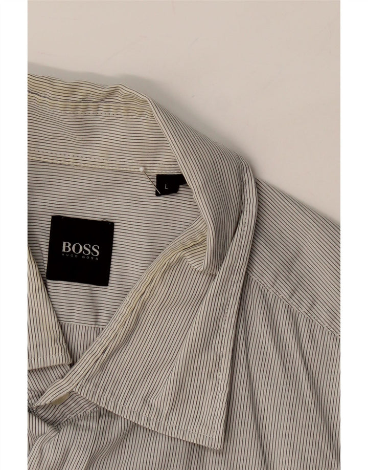 HUGO BOSS Mens Short Sleeve Shirt Large Grey Striped Cotton Vintage Hugo Boss and Second-Hand Hugo Boss from Messina Hembry 