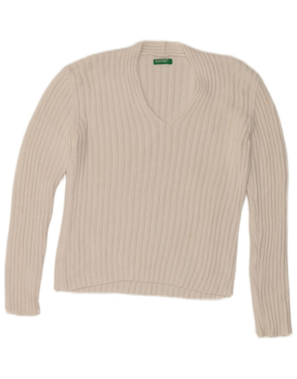 Benetton Womens V-Neck Jumper Sweater UK 10 Small White Cotton