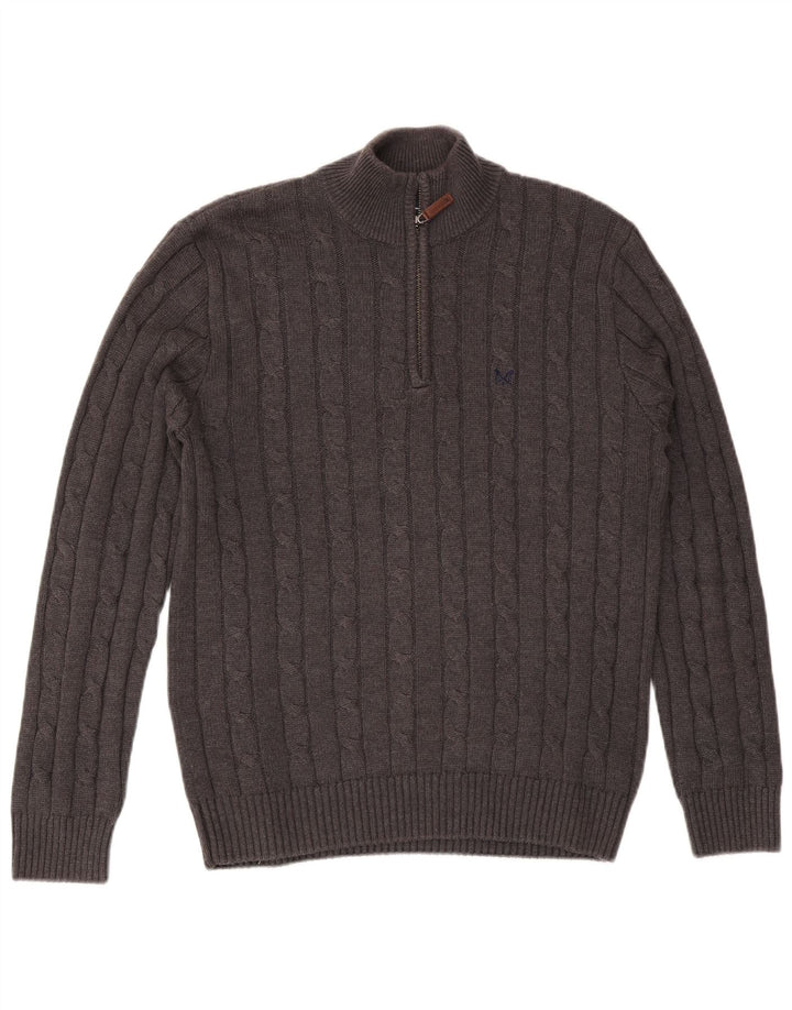 Crew Clothing Pulover pentru bărbați, cu fermoar, cu gât, bumbac, gri mediu