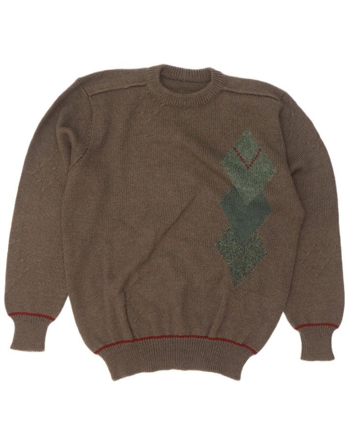 Pulover vintage pentru bărbați cu gâtul turnat mare kaki Argyle/Diamond