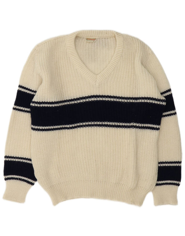 Pulover vintage pentru bărbați cu decolteu în V, mare, alb, bloc de culoare