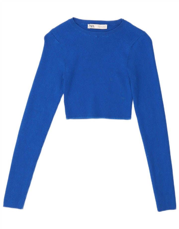 Crop Top pentru femei Zara cu mânecă lungă UK 8 Small Blue Viscose