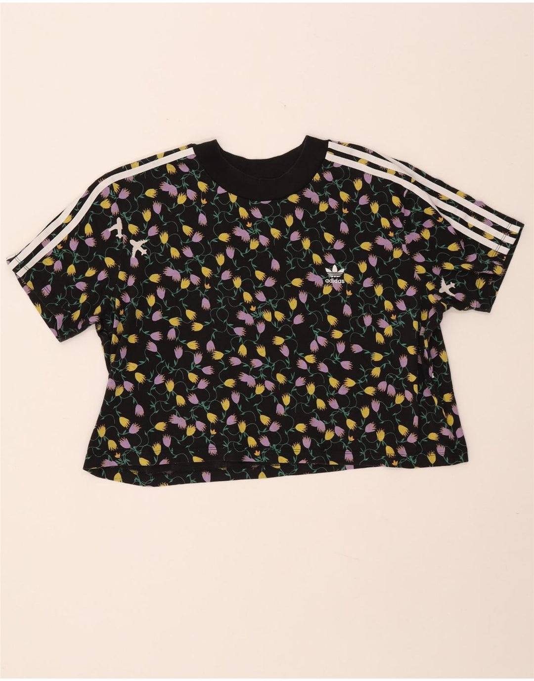 Tricou crop ADIDAS pentru femei, UK 18 XL, bumbac floral negru