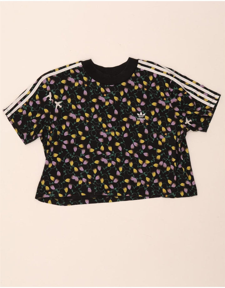 Tricou crop ADIDAS pentru femei, UK 18 XL, bumbac floral negru