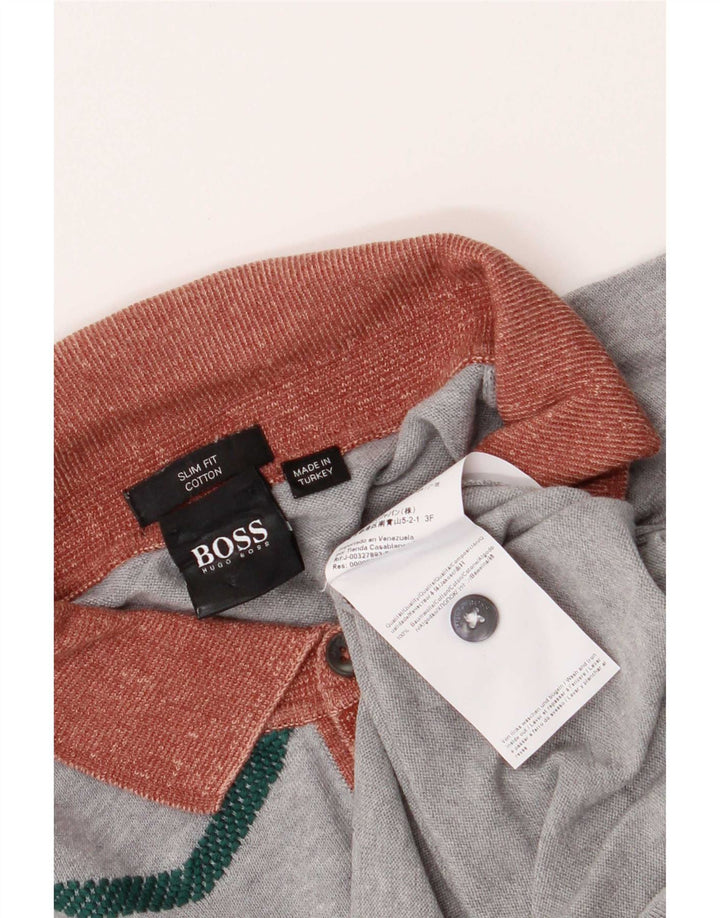 Pulover Hugo Boss pentru bărbați, cu mânecă scurtă, cu gât polo, chevron mediu gri
