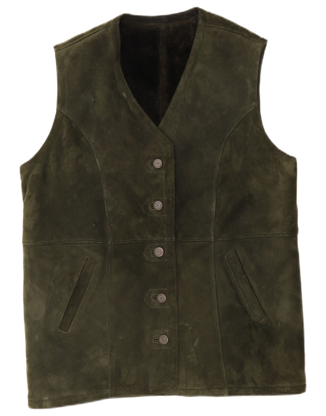 Gilet vintage pentru femei din piele intoarsa UK 14 Large Khaki