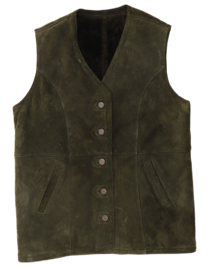 Gilet vintage pentru femei din piele intoarsa UK 14 Large Khaki
