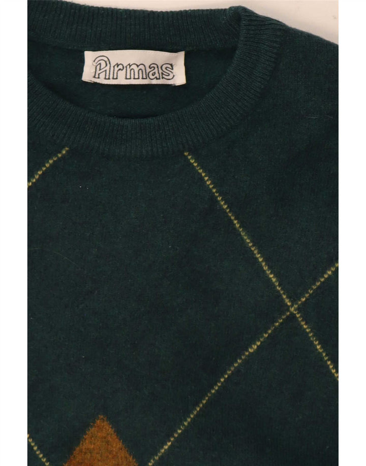 Pulover vintage pentru bărbați cu gâtul rotund, verde mediu Argyle/Diamond