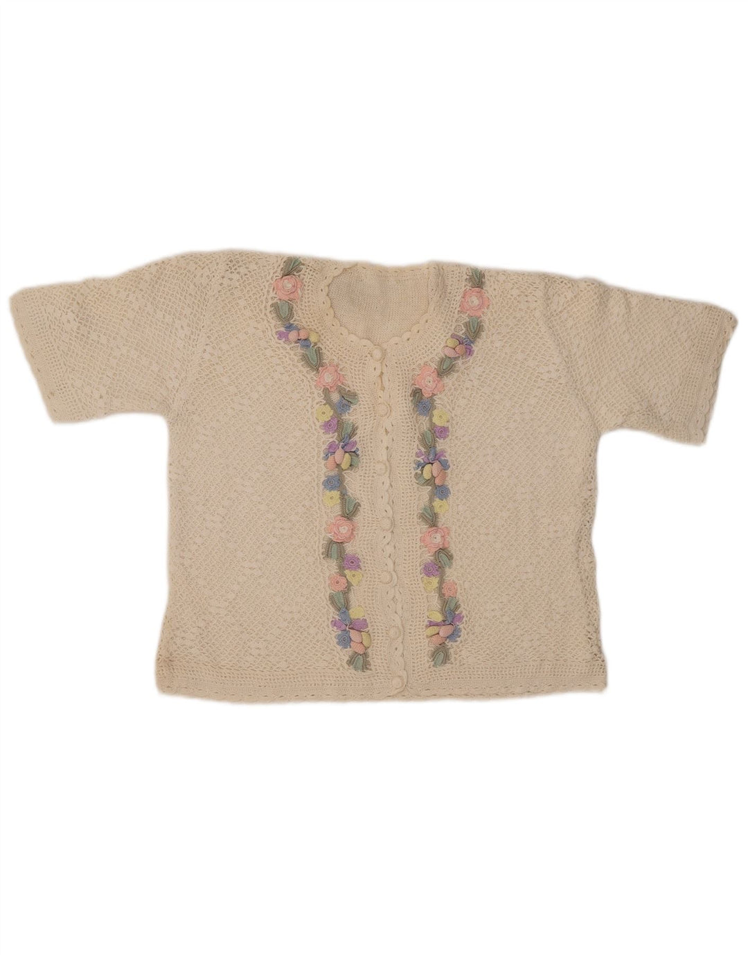 VINTAGE Pulover cardigan cu mânecă scurtă pentru femei UK 14 Medium Off White Floral