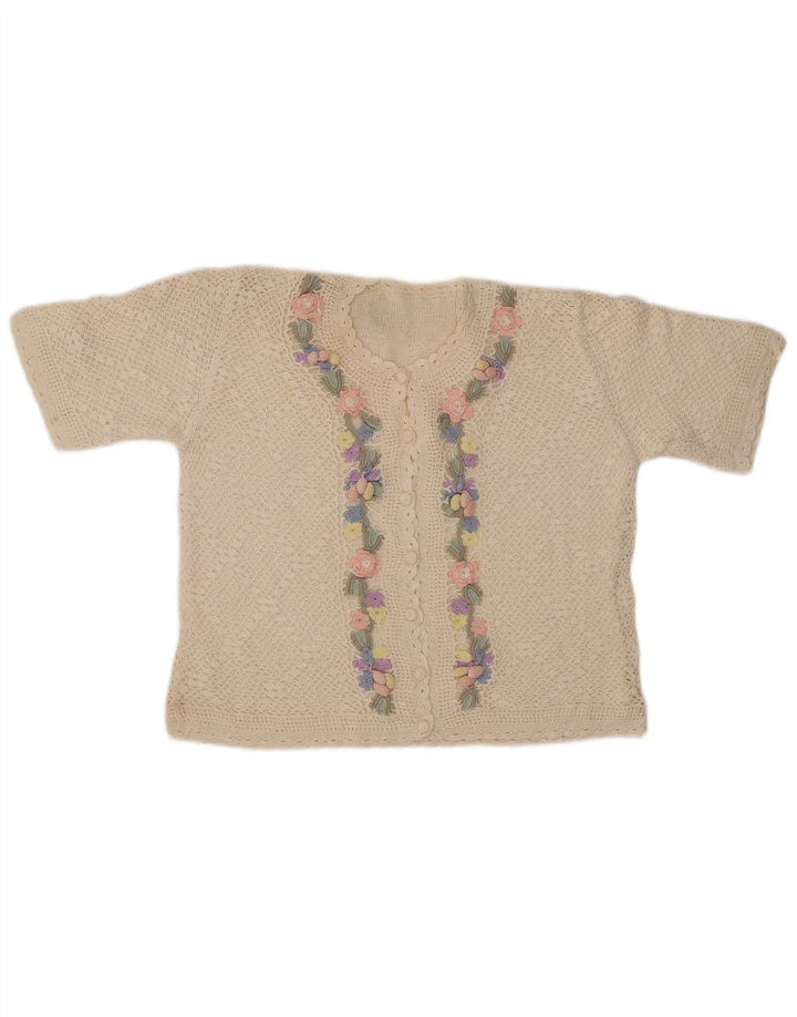 VINTAGE Pulover cardigan cu mânecă scurtă pentru femei UK 14 Medium Off White Floral