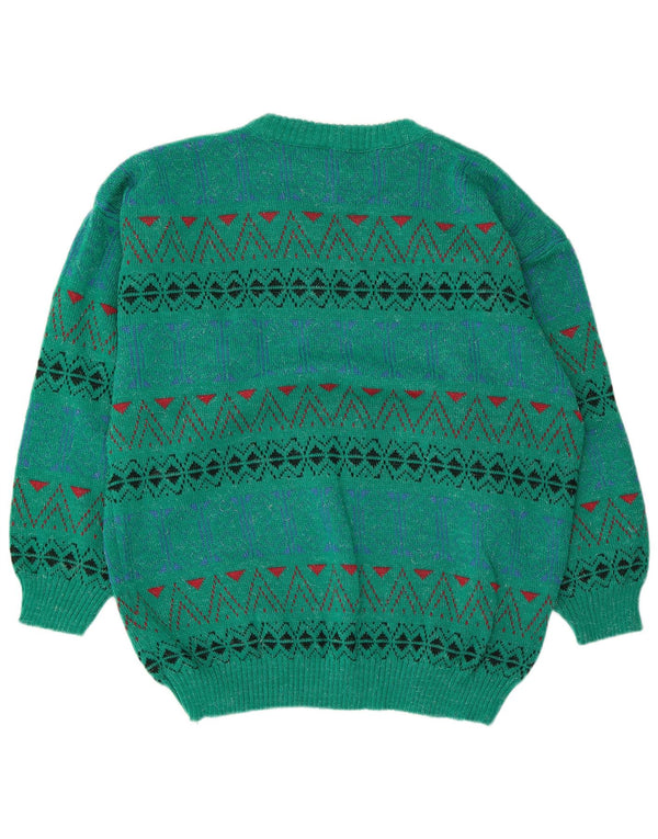 Pulover vintage pentru bărbați cu decolteu rotund, verde mediu geometric, acrilic