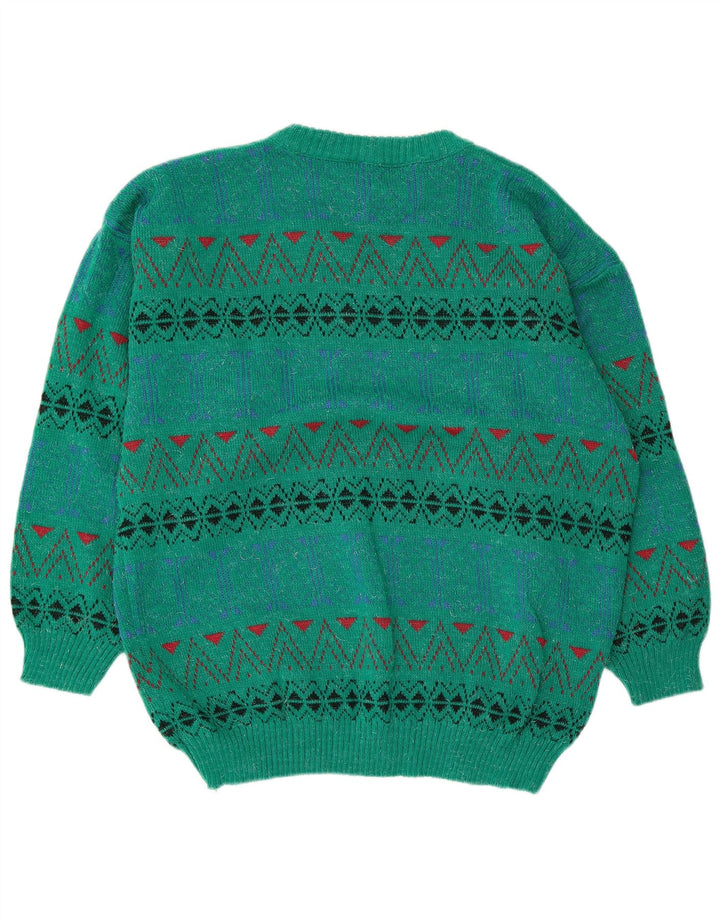 Pulover vintage pentru bărbați cu decolteu rotund, verde mediu geometric, acrilic