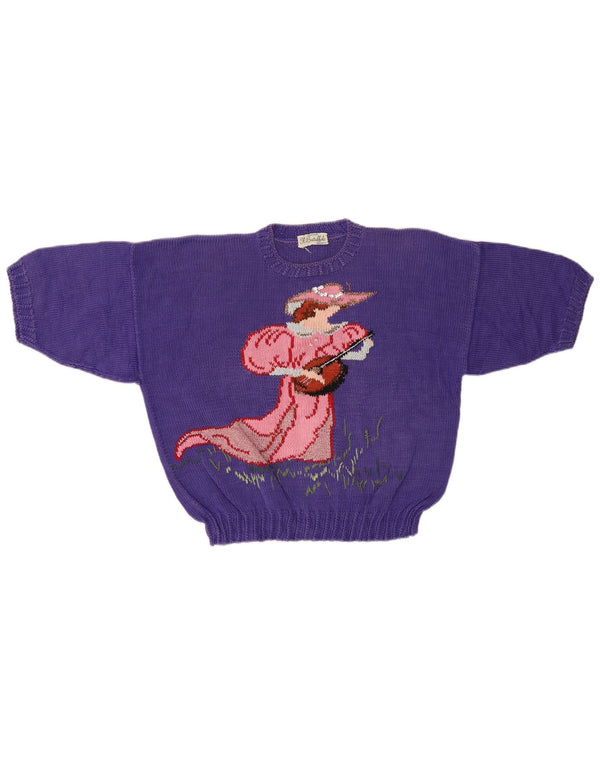 Pulover de damă vintage cu decolteu rotund, pulover UK 12, violet mediu, retro