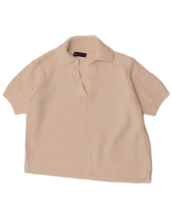 Marks & Spencer Pulover crop pentru femei cu gât polo, UK 14 Medium Off White