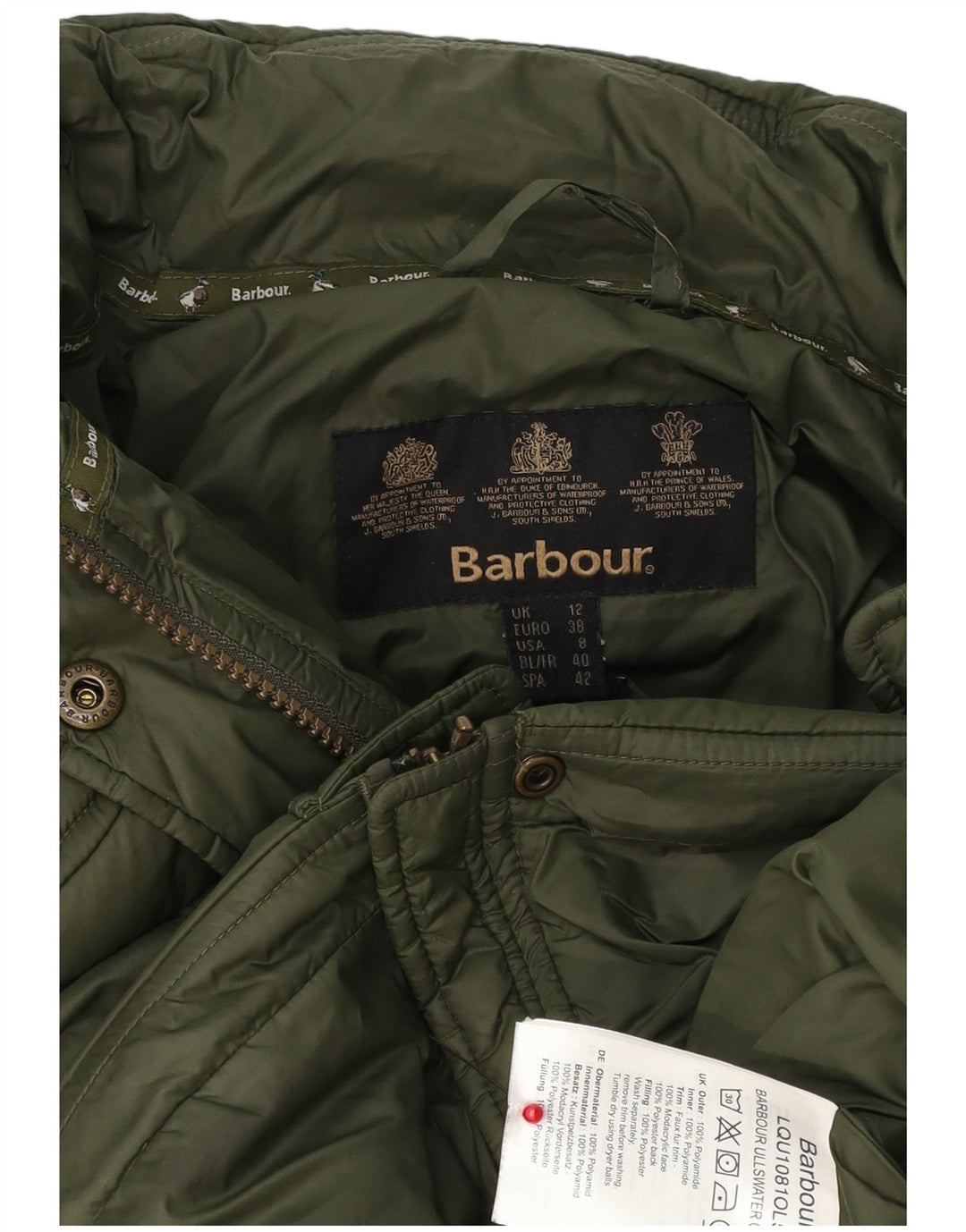 Jachetă căptușită cu glugă Barbour pentru femei UK 12 Poliester verde mediu
