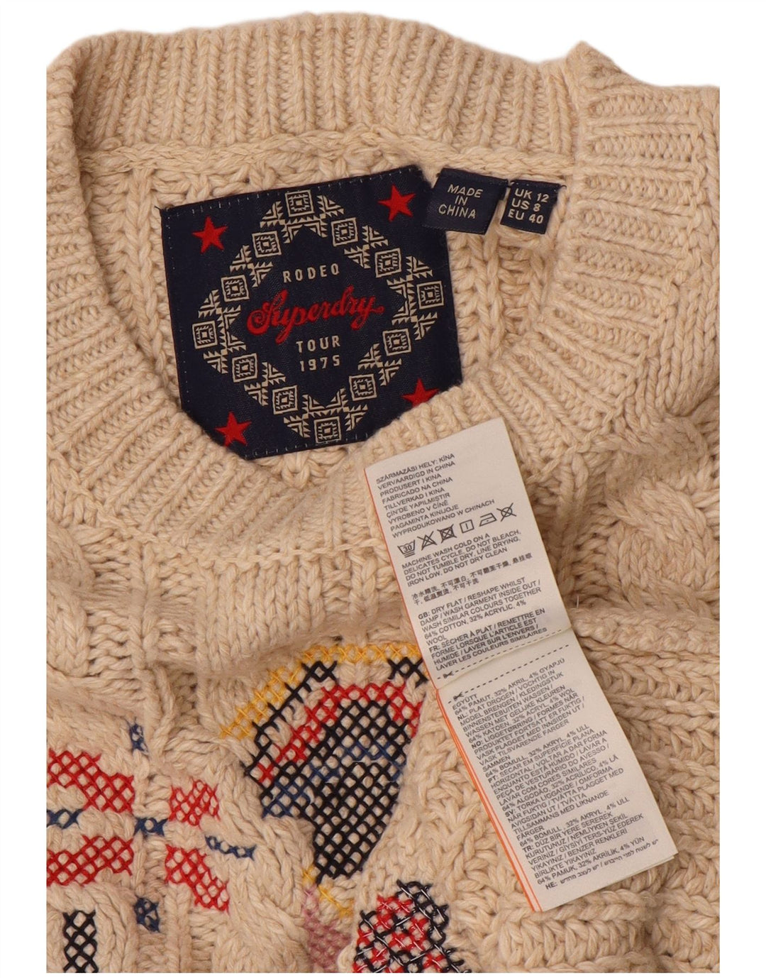 Pulover pentru damă SUPERDRY cu decolteu triplu UK 12 Medium Bej Fair Isle