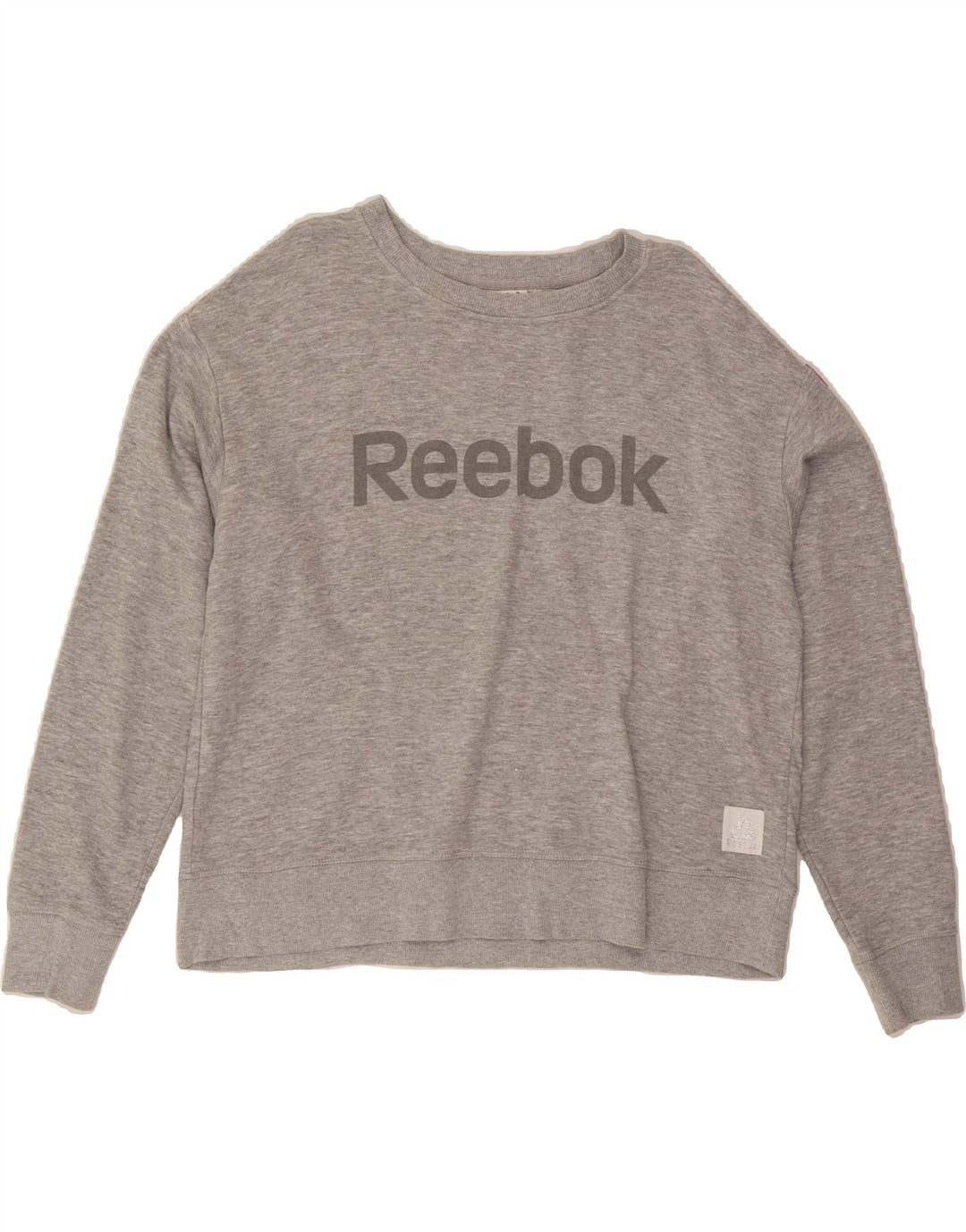 REEBOK Womens Graphic Sweatshirt Jumper UK 16 Large Grey Vintage Reebok and Second-Hand Reebok from Messina Hembry 