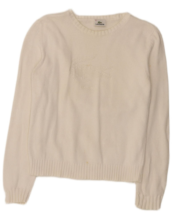 Pulover Lacoste pentru femei, cu grafică, cu gât de barcă, mărimea 42, bumbac alb mare