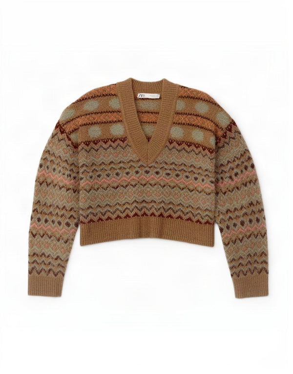 Pulover cu decolteu în V Zara pentru femei UK 14 Medium Bej Fair Isle