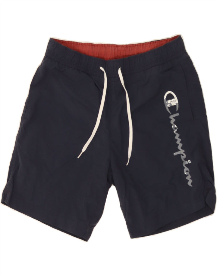 CHAMPION Mens Graphic Sport Shorts Small  Navy Blue Polyester Vintage Champion and Second-Hand Champion from Messina Hembry 