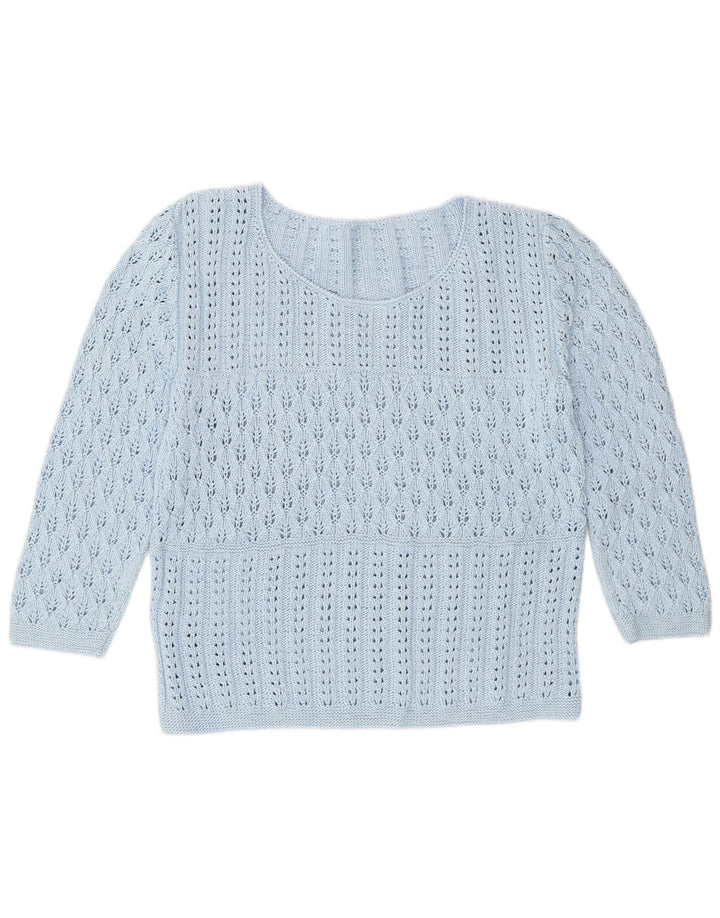 Pulover vintage pentru femei cu mâneci 3/4 cu gât de barcă, UK 14, albastru mediu