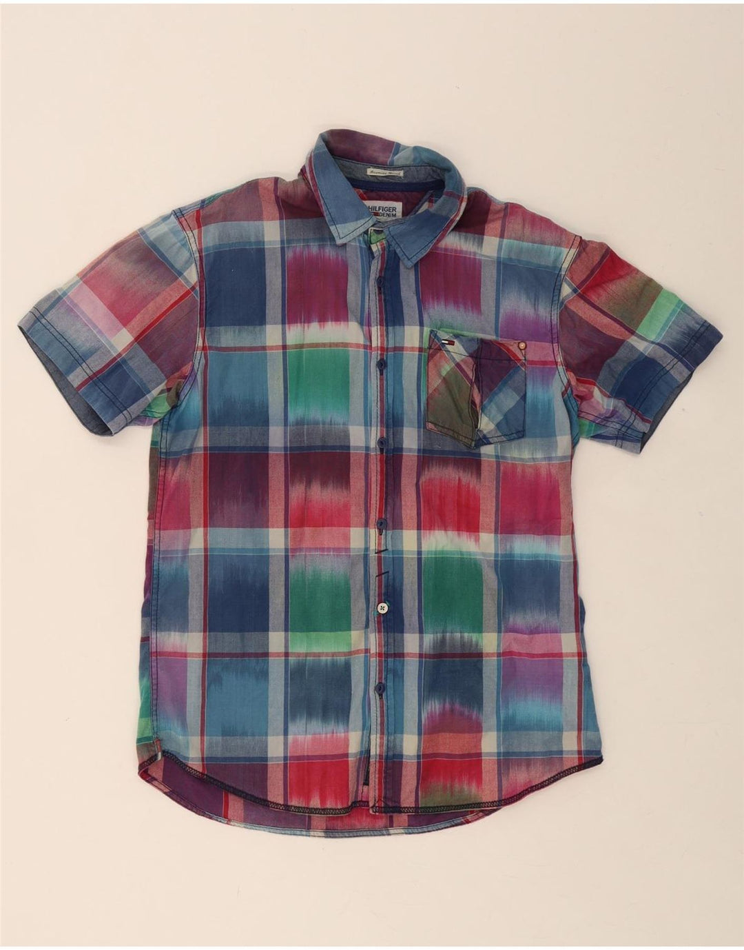 TOMMY HILFIGER Mens Short Sleeve Shirt Medium Multicoloured Check Cotton Vintage Tommy Hilfiger and Second-Hand Tommy Hilfiger from Messina Hembry 