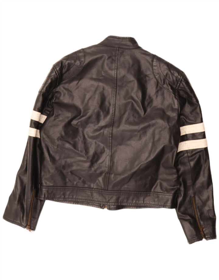 Jachetă de piele vintage pentru femei UK 20 2XL din piele neagră color bloc