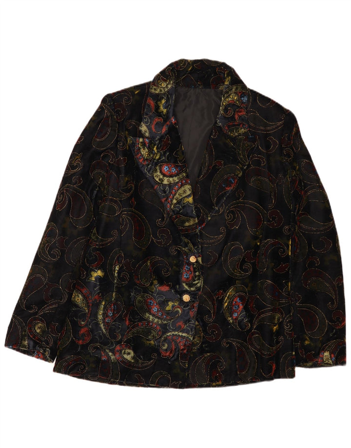 Jachetă vintage din catifea cu 2 nasturi pentru femei UK 12 Medium Black Paisley