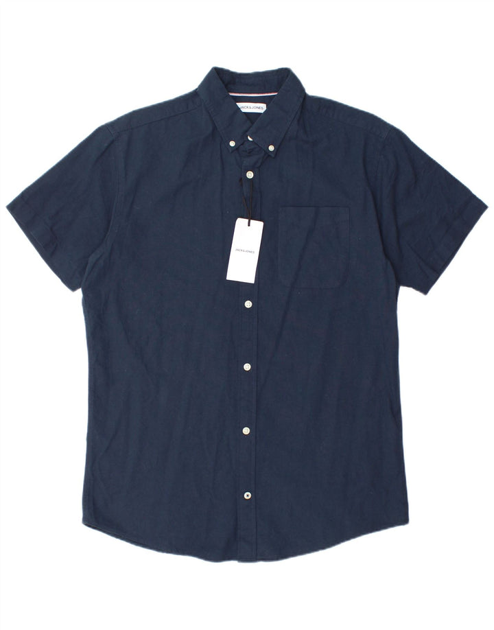 JACK & JONES Mens Short Sleeve Shirt Large Navy Blue Cotton