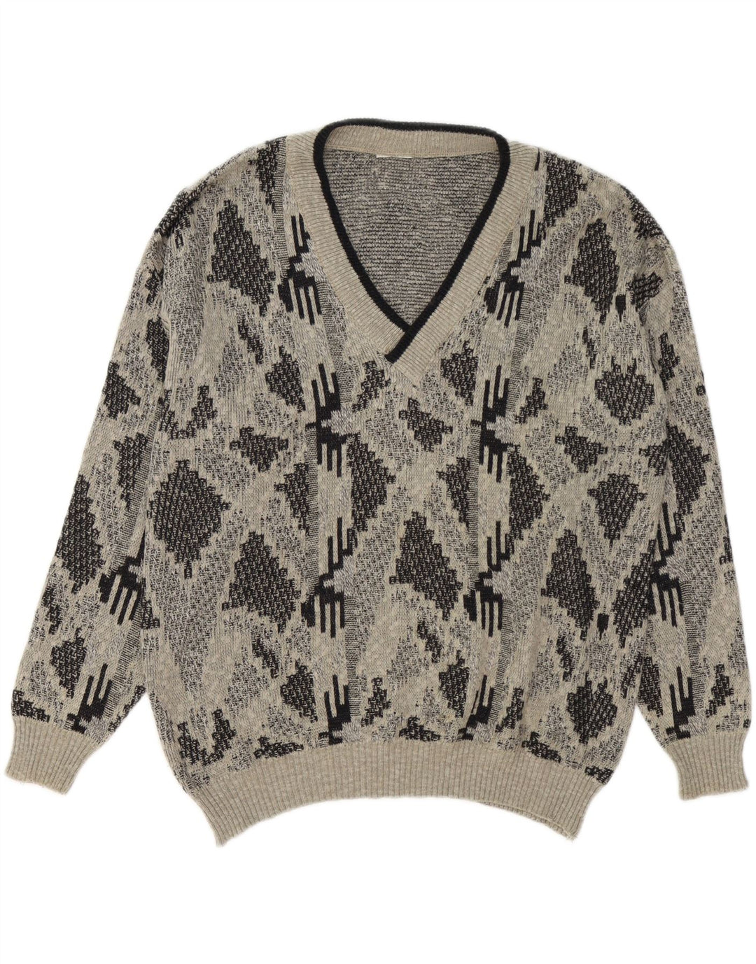 VINTAGE Mens V-Neck Jumper Sweater XL Grey Geometric