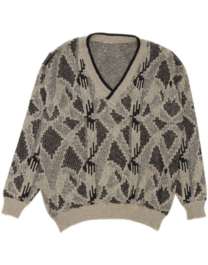 VINTAGE Mens V-Neck Jumper Sweater XL Grey Geometric
