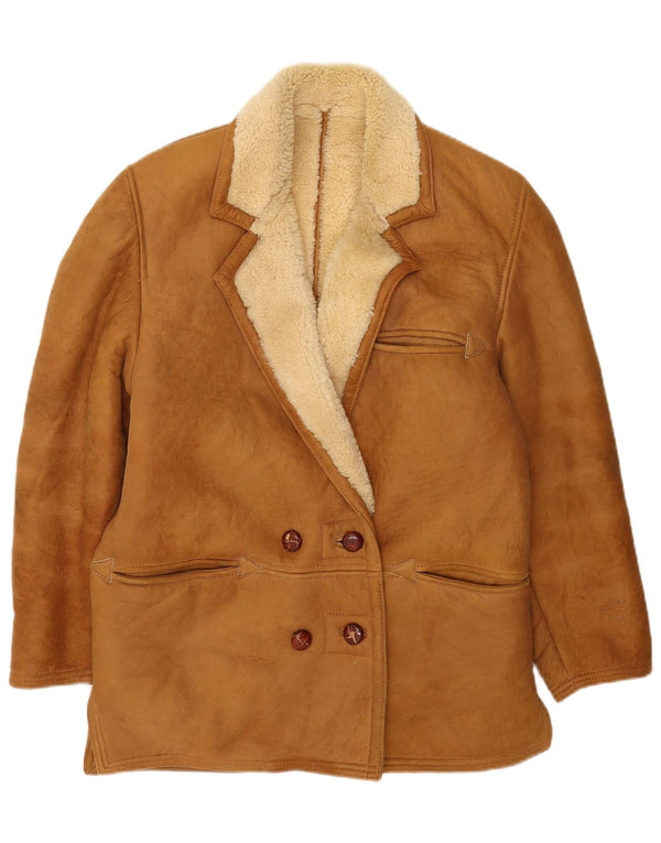 Jachetă din shearling cu două piept pentru femei vintage UK 14 mare bej
