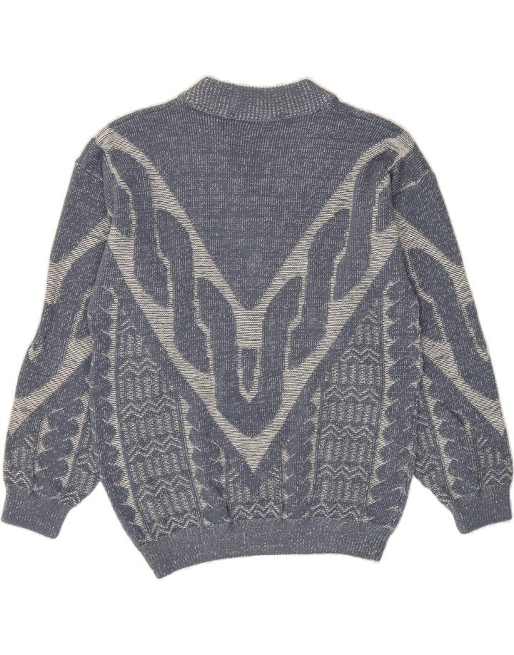 VINTAGE Mens Abstract Pattern V-Neck Jumper Sweater IT 50/52 Medium Blue Vintage Vintage and Second-Hand Vintage from Messina Hembry 