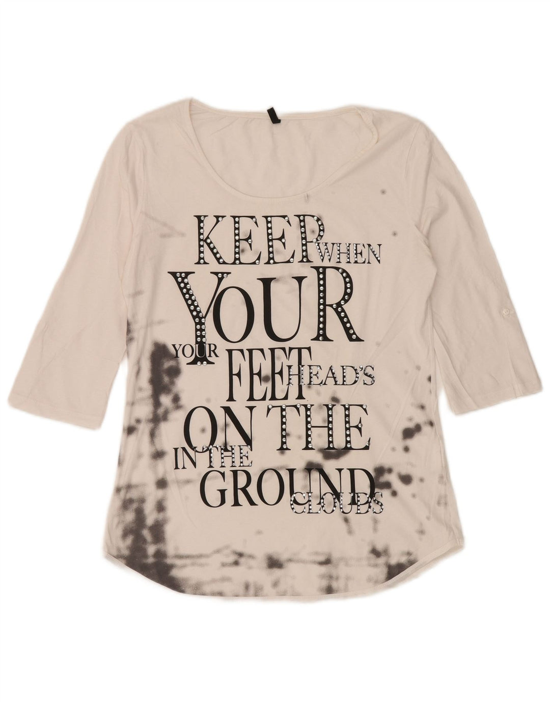 BENETTON Top grafic pentru femei cu mâneci 3/4 UK 12 Medium White