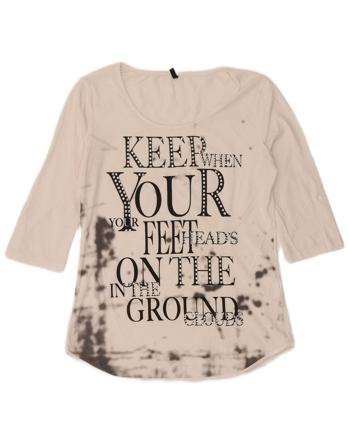 BENETTON Top grafic pentru femei cu mâneci 3/4 UK 12 Medium White